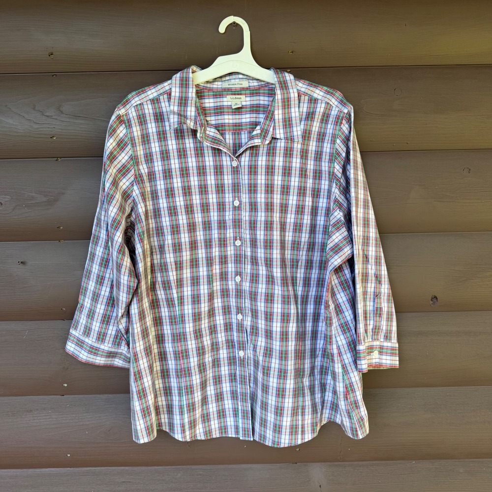 L.L.Bean Plaid Button Up Shirt Womens 3X Red Green Blue Wrinkle Free Cotton